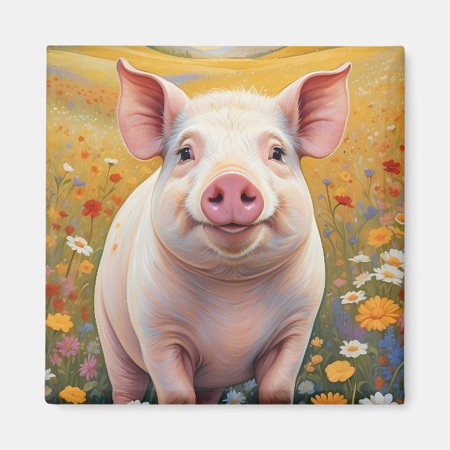 Happy Little Pig Sunny Daisy Field Magnet (Vorne)