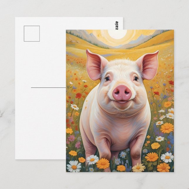Happy Little Pig Sunny Daisy Field Postkarte (Vorne/Hinten)