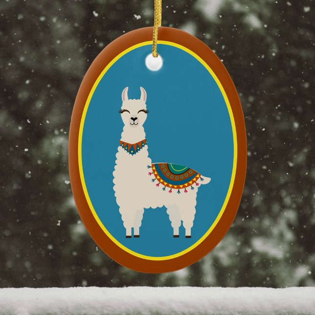 Happy Llama auf Blue Keramik Ornament (Von Creator hochgeladen)