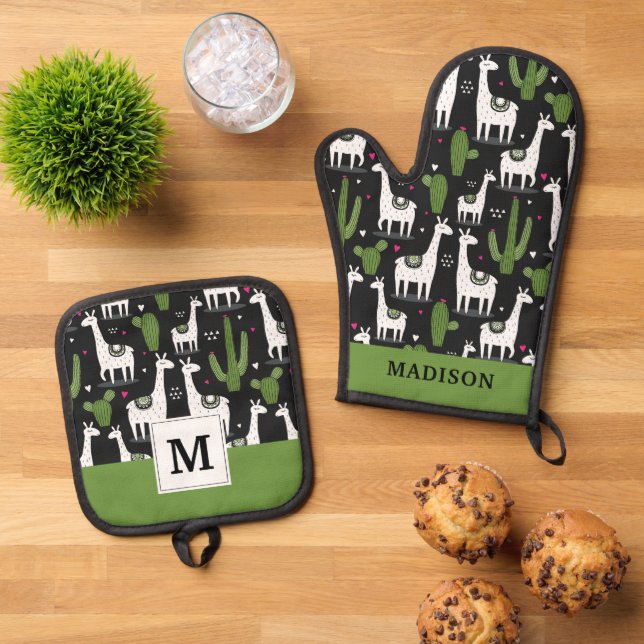 Happy Llama Pattern Ofenhandschuh & Topflappen-Set (Oben Unten)