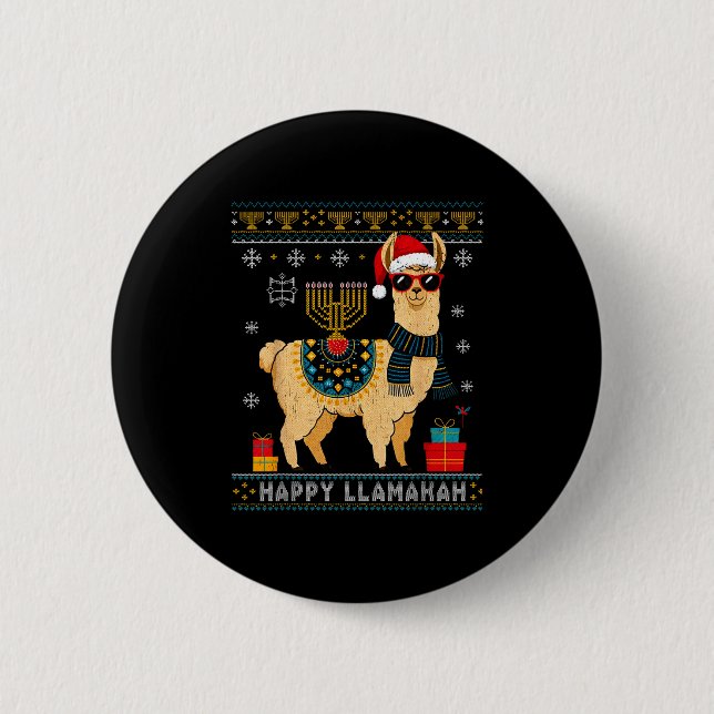 Happy Llamakah Funny Ugly Hanukkah Sweater Llama P Button (Vorderseite)