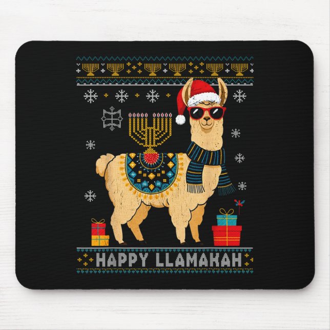 Happy Llamakah Funny Ugly Hanukkah Sweater Llama P Mousepad (Vorne)