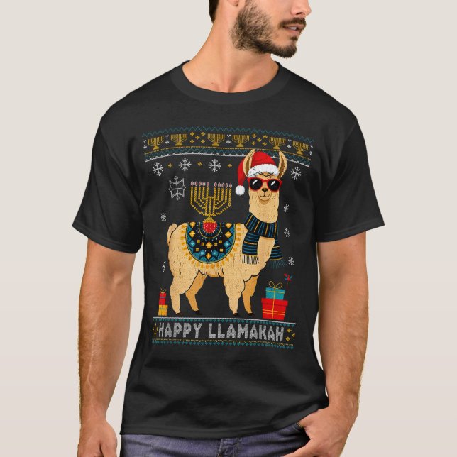 Happy Llamakah Funny Ugly Hanukkah Sweater Llama P T-Shirt (Vorderseite)