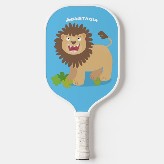 Happy Löwe brüllend Cartoon Illustration Pickleball Schläger (Vorderseite)