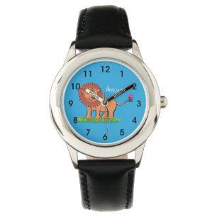 Happy Löwe mit Schmetterling-Cartoon-Abbildung Armbanduhr