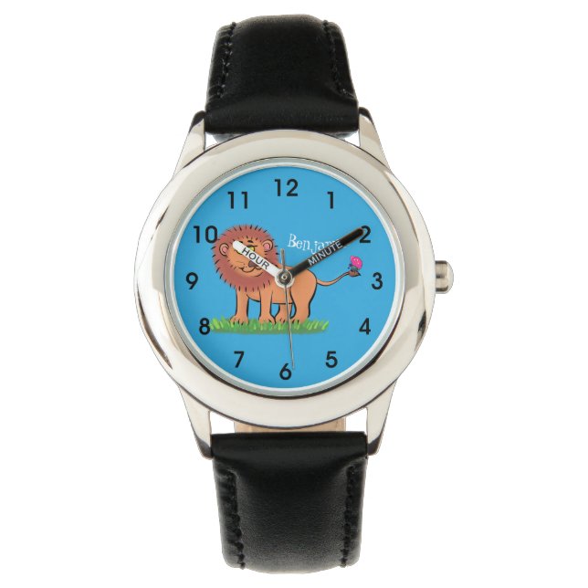 Happy Löwe mit Schmetterling-Cartoon-Abbildung Armbanduhr (Vorderseite)