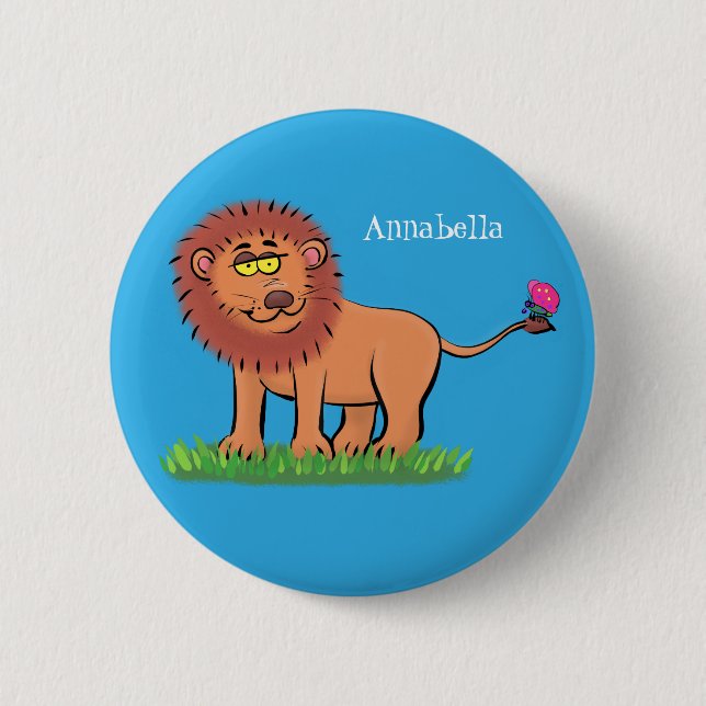 Happy Löwe mit Schmetterling-Cartoon-Abbildung Button (Vorderseite)