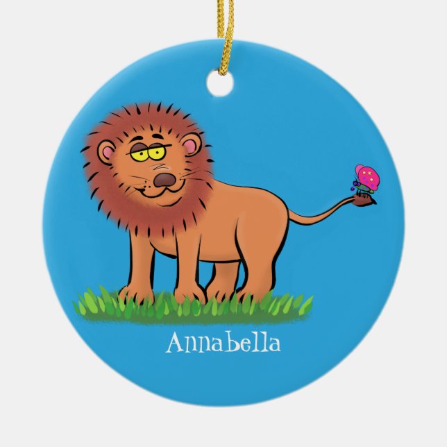 Happy Löwe mit Schmetterling-Cartoon-Abbildung Keramik Ornament (Vorne)
