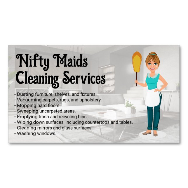 Happy Maid with Feather Duster | Clean Living Room Magnetische Visitenkarte (Vorderseite)