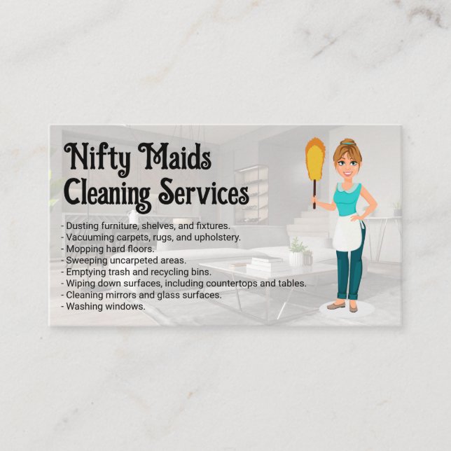 Happy Maid with Feather Duster | Clean Living Room Visitenkarte (Vorderseite)
