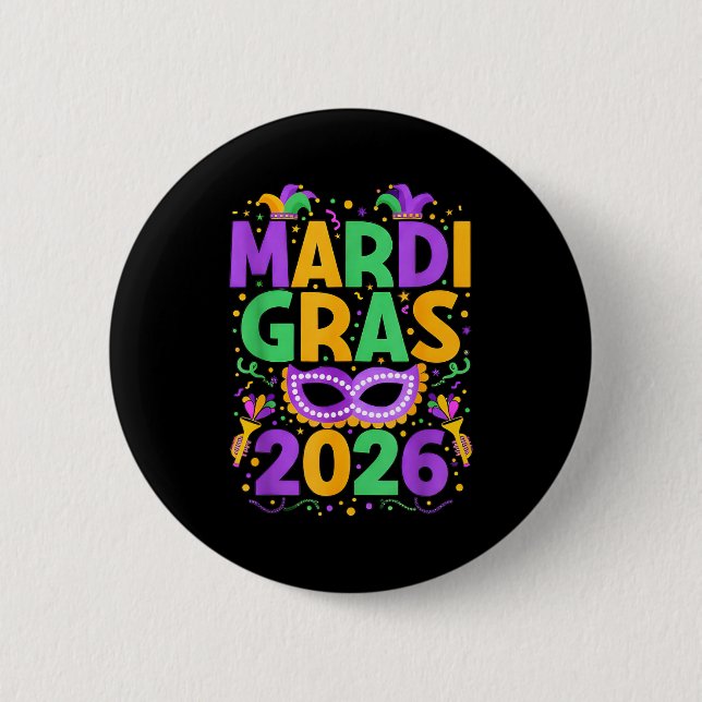 Happy Mardi Gras 2026 Costume New Orleans Matching Button (Vorderseite)