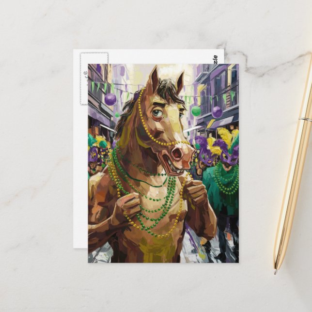 Happy Mardi Gras Brown Horse Postkarte (Vorderseite/Rückseite Beispiel)