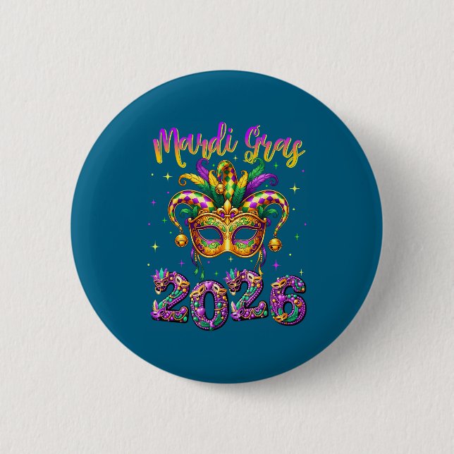 Happy Mardi Gras Carnival 2026 Jester Hat Men Wome Button (Vorderseite)