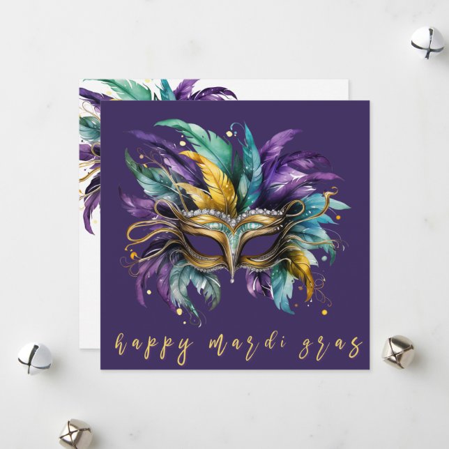 Happy Mardi Gras Feathered Mask Feiertagskarte (Vorderseite/Rückseite Beispiel)