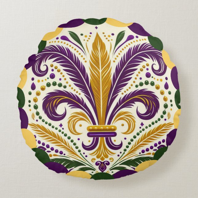 Happy Mardi Gras fleur-de-lis Rundes Kissen (Vorderseite)
