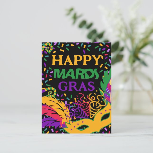Happy Mardi Gras schwarze Postkarte (Stehend Vorderseite)
