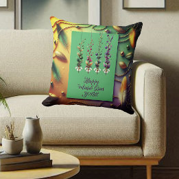 Happy Mardi Gras Y'All Quote Feather Beads Golden Kissen