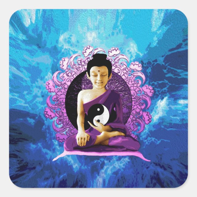 Happy Meditating Buddha Quadratischer Aufkleber (Vorderseite)