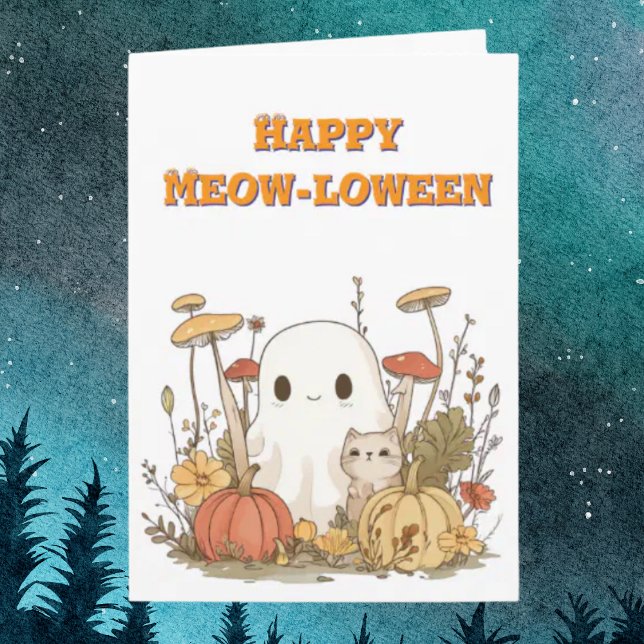 Happy Meow Loween Cat Ghost Foto Halloween-Karten Karte (Von Creator hochgeladen)
