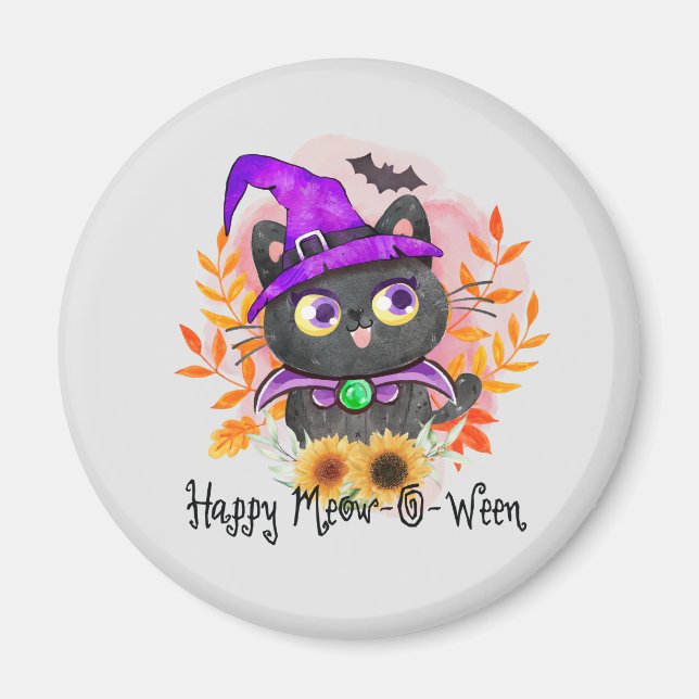 Happy Meow-o-ween - Black Hexenkatze Magnet (Vorne)