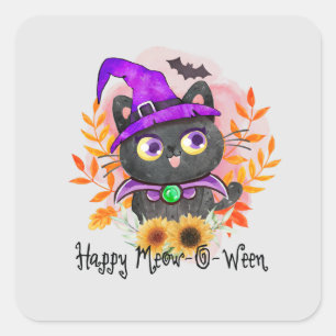 Happy Meow-o-ween - Black Hexenkatze Quadratischer Aufkleber