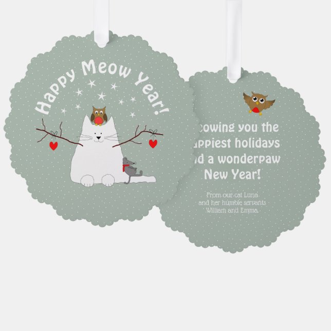 "Happy Meow Year!" Runde Ornament Karte (Vorderseite/Rückseite)