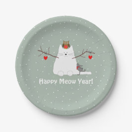 "Happy Meow Year"! Schneekattelplatte Pappteller