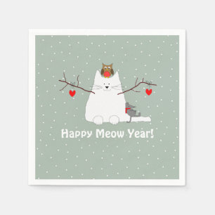"Happy Meow Year"! Schneekatze Serviette