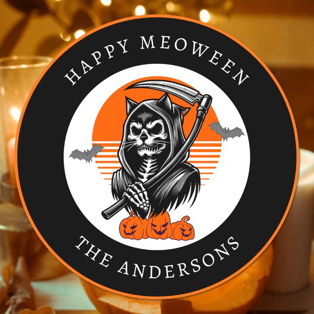 Happy Meoween Spooky Grim Sensenmann Cat Halloween Runder Aufkleber (Von Creator hochgeladen)