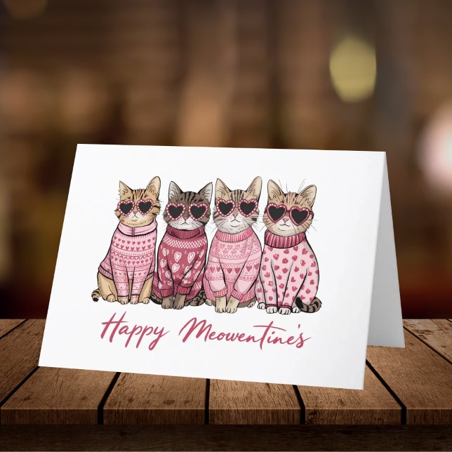 Happy Meowentine's Cats in Sweaters Valentine's Dankeskarte (Adorable Valentine's Day card featuring stylish cats in heart-shaped sunglasses and festive pink swe)