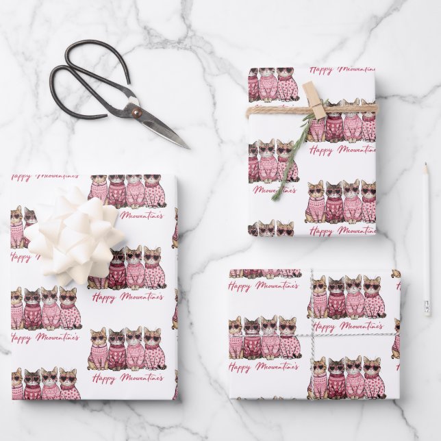 Happy Meowentine's Cats in Sweaters Valentines Geschenkpapier Set (Vorderseite)