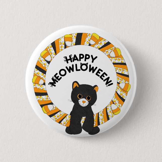 Happy Meowloween Black Cat Halloween Candy Corn Button (Vorderseite)