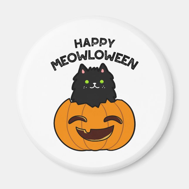 Happy Meowloween Funny Halloween Black Cat Puff Magnet (Vorne)