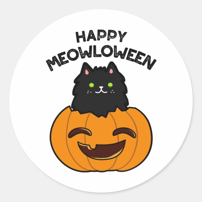 Happy Meowloween Funny Halloween Puff Runder Aufkleber (Vorderseite)