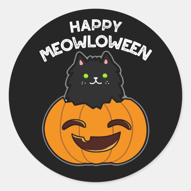 Happy Meowloween Funny Halloween Pun Dark BG Runder Aufkleber (Vorderseite)