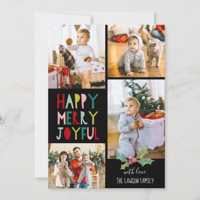 Happy Merry Joyful | WeihnachtsfotoCollage Feiertagskarte (Vorderseite)