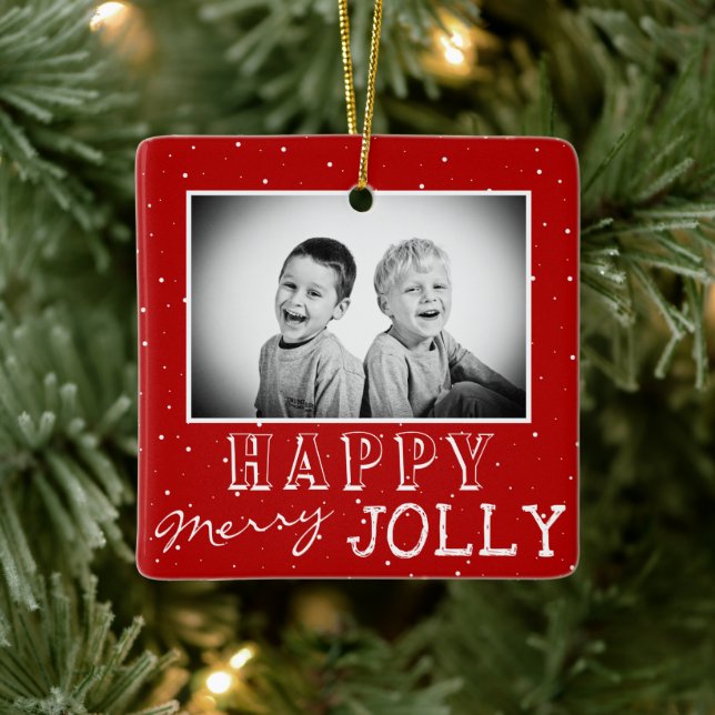 Happy Merry Red White Typografy Weihnachts-Foto Keramikornament (Baum)