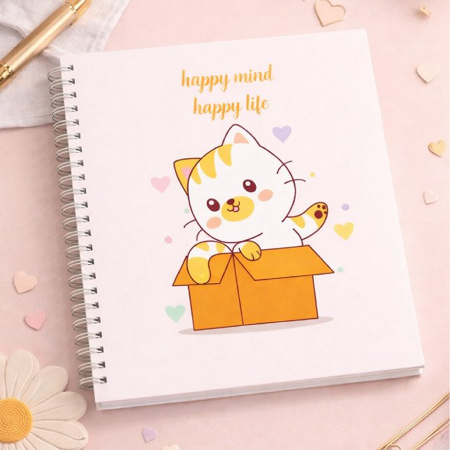 Happy Mind Happy Life Cute Cat Illustration Notizbuch (Von Creator hochgeladen)