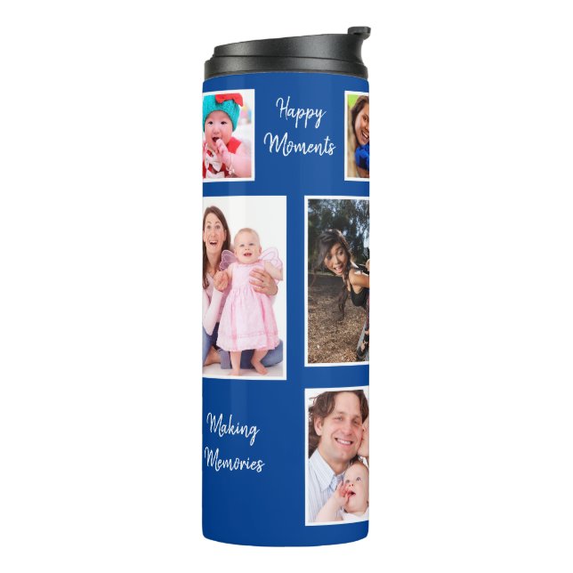 Happy Moments Blue Background Foto Collage Thermosbecher (Nach links gedreht)