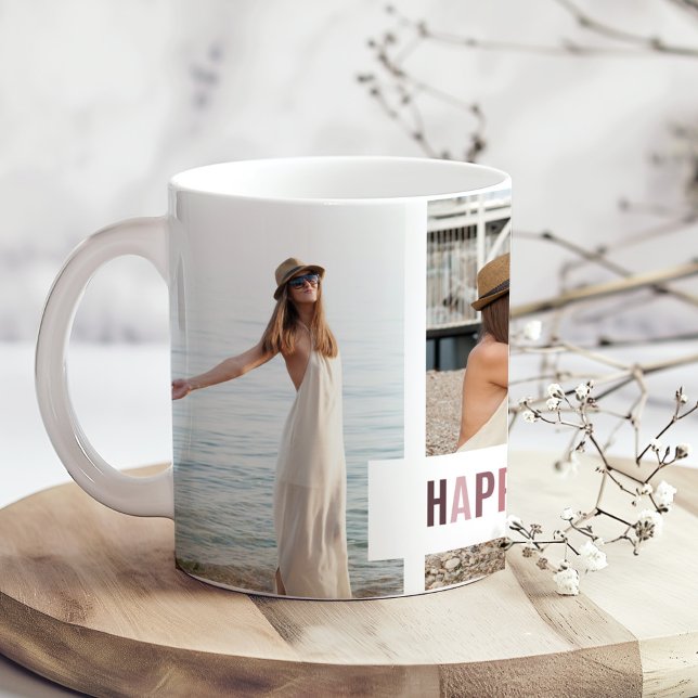 "Happy Moments" Foto Collage Geschenk Kaffeetasse ("Happy Moments" Photo Collage Gift Coffee Mug on a boho wooden kitchen table with tiny flowers.)