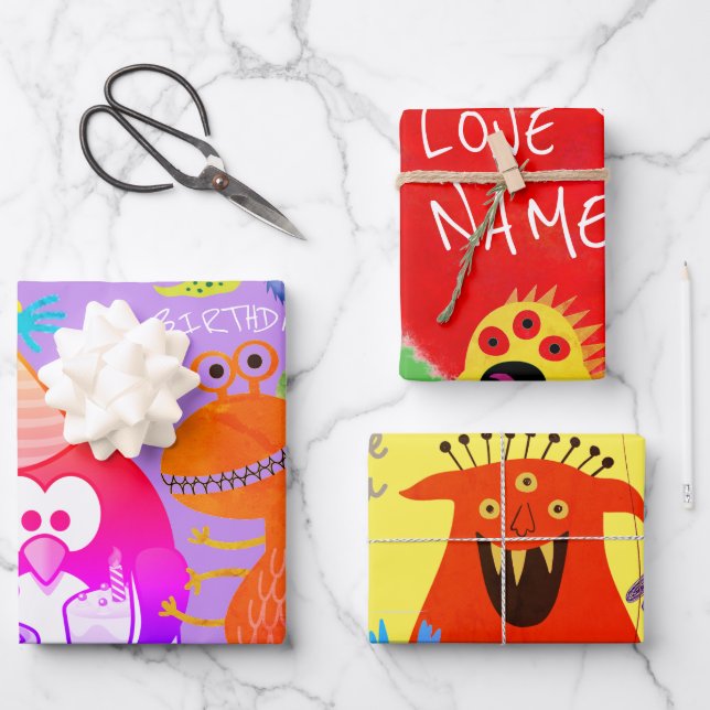 HAPPY MONSTER CUSTOM TEXT GIFT WRAP FLAT SHEETS GESCHENKPAPIER SET (Vorderseite)