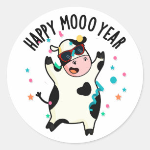 Happy Moo Year Funny Cow Puff Runder Aufkleber