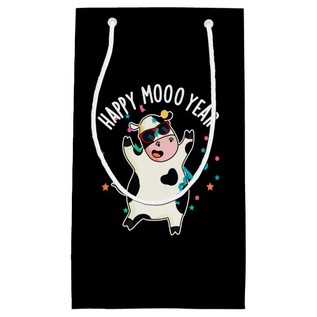 Happy Moo Year Funny Cow Pun Dark BG Kleine Geschenktüte (Vorderseite)