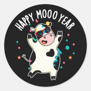Happy Moo Year Funny Cow Pun Dark BG Runder Aufkleber