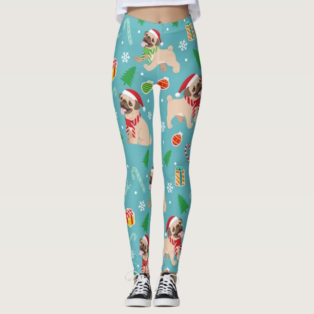 Happy Mops Weihnachtsmuster Leggings (Vorderseite)