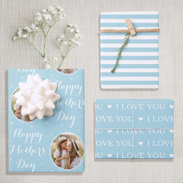 Happy Mother Day Custom Foto Pastel Blue 3 Geschenkpapier Set