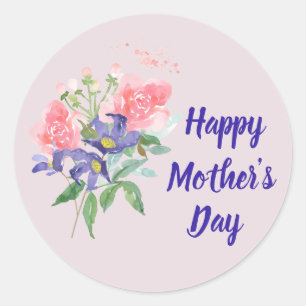 Happy Mother Day Elegant Blues Rosa Runder Aufkleber