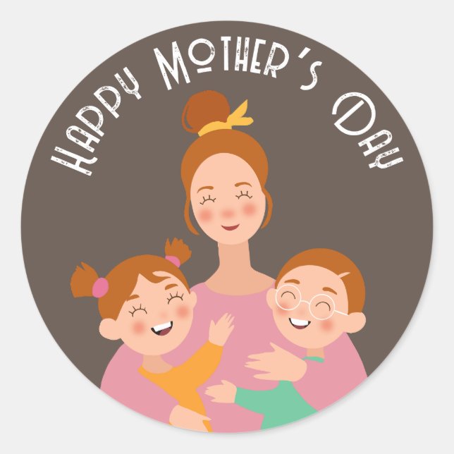 Happy Mother Day Family Zeichnend Runder Aufkleber (Vorderseite)