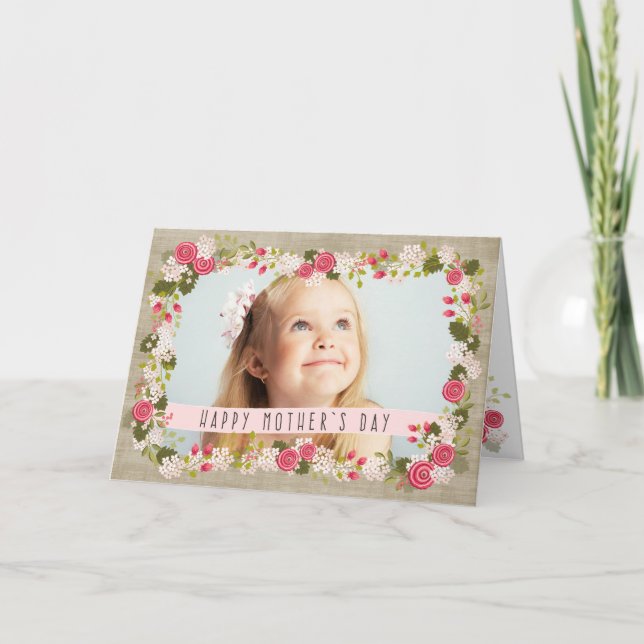 Happy Mother Day Foto Floral Burlap Card Karte (Vorderseite)