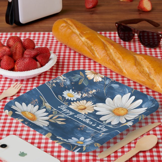 Happy Mother's Day Blue and White Daisies Pappteller (Picknick)